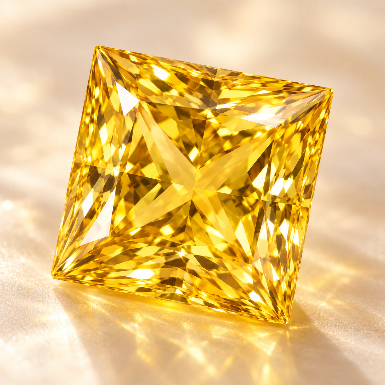 Macro detail of a natural princess-cut yellow sapphire showing its golden color, faceting and brilliance.