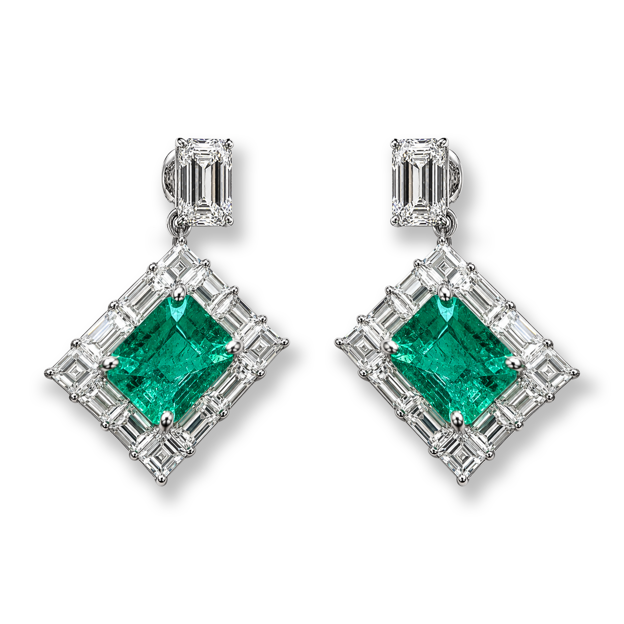 Front view of CADRE Earrings with natural Colombian emeralds framed by baguette diamonds and suspended from emerald-cut diamonds.