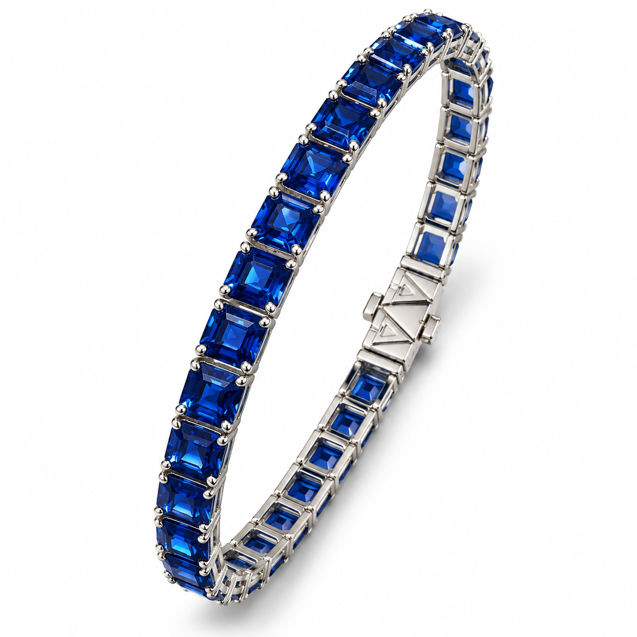 CEYLONNE blue sapphire tennis bracelet by AMIRAMIR Genève, featuring 37 natural Asscher-cut Ceylon sapphires in 18K gold, with the clasp visible.
