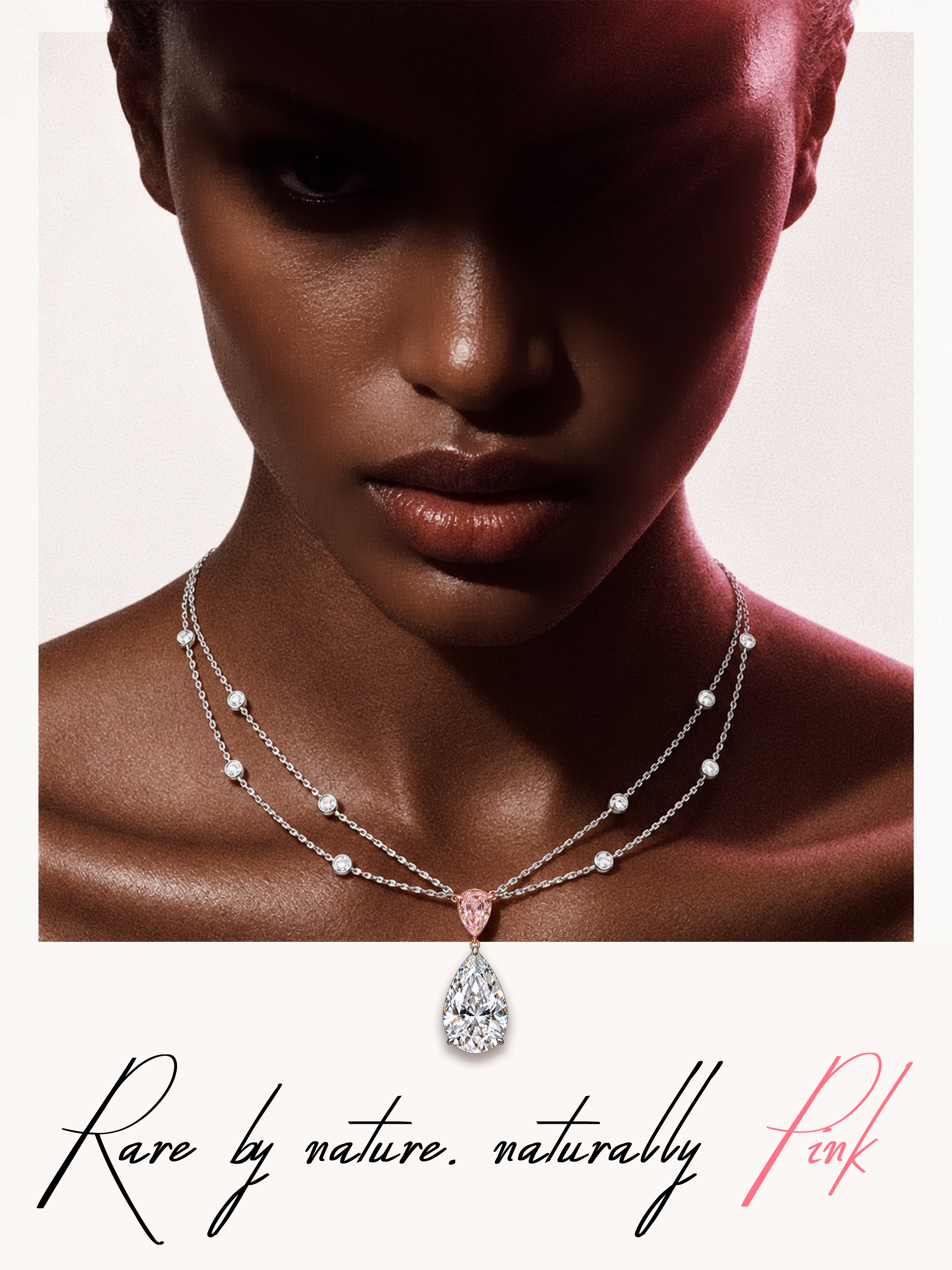 ROSÉA pink and white diamond necklace worn on the neck, showing its layered chains, round diamonds and pear-shaped diamond drop.