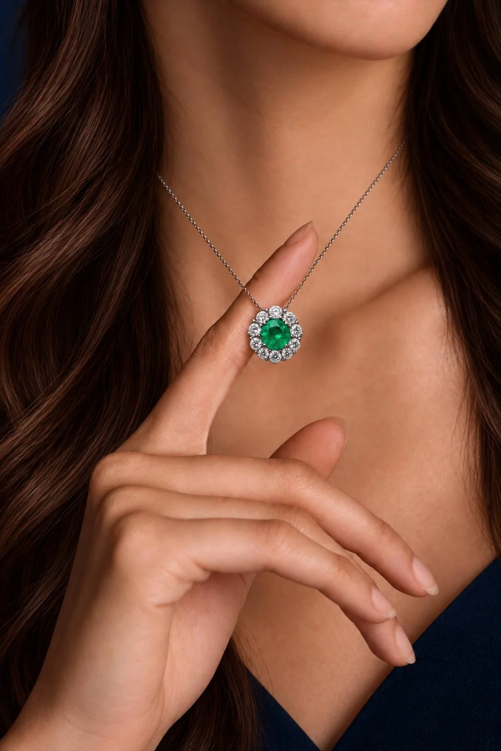 Woman wearing the AMIRAMIR VIVI Round Emerald Pendant on a fine gold chain, showing the Colombian emerald and diamond floral design at the neckline.