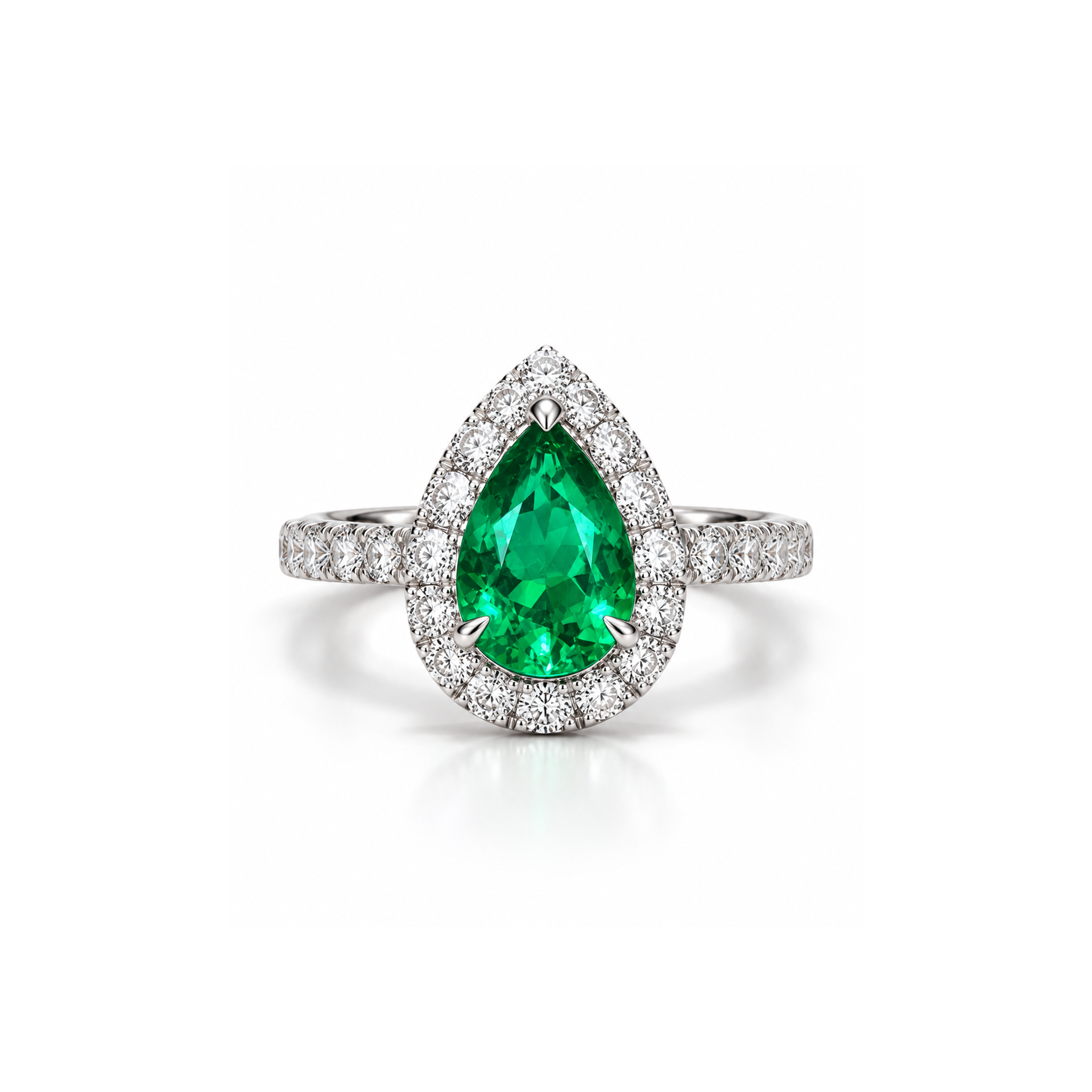Front view of the VIVI Pear Emerald Ring with a natural Colombian pear-shaped emerald surrounded by natural round diamonds.