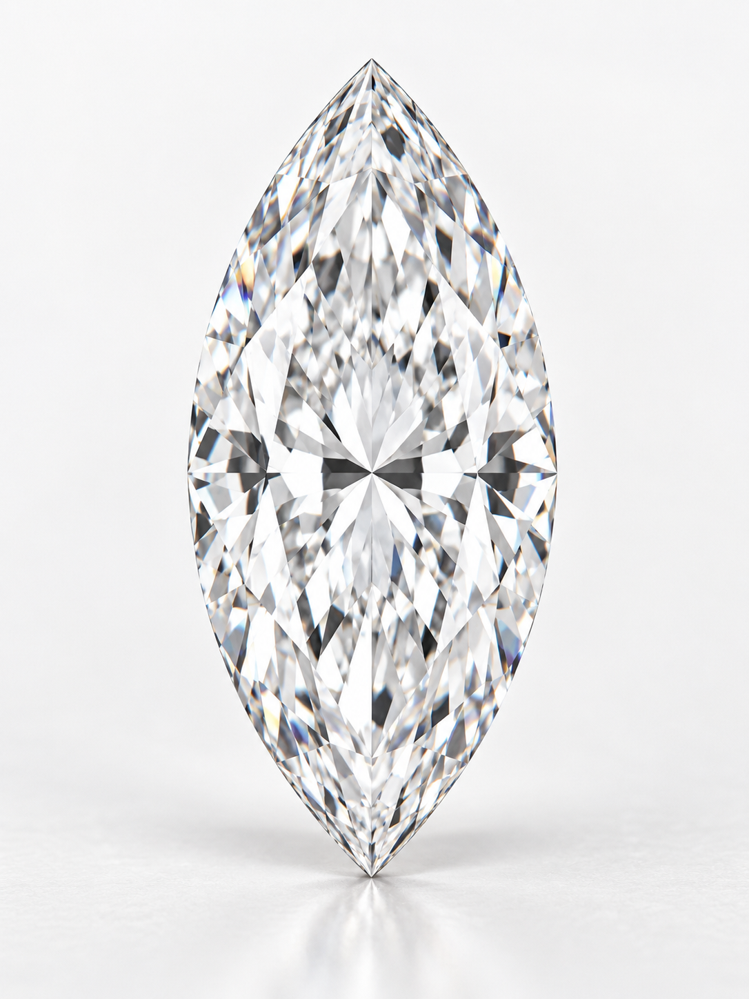 Close-up of a marquise-cut diamond showing its elongated shape, pointed ends and faceted brilliance.