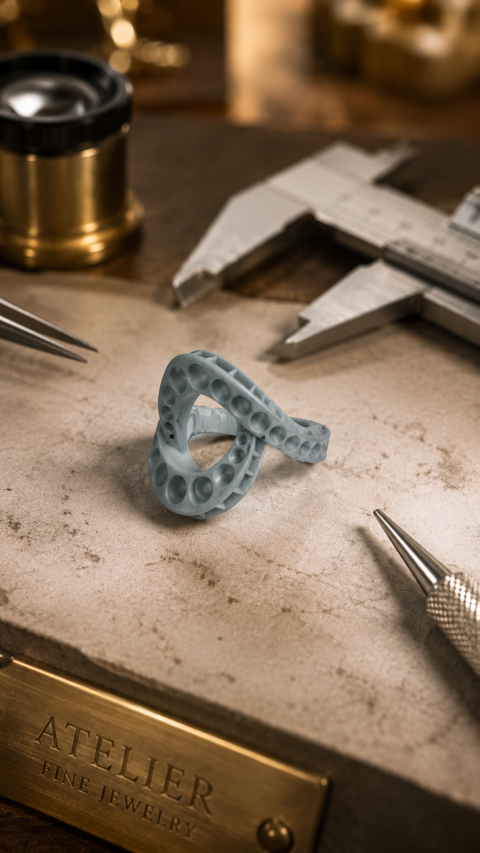 A blue silicone ring with multiple circular indentations on a jewelry workbench, surrounded by tools and equipment.