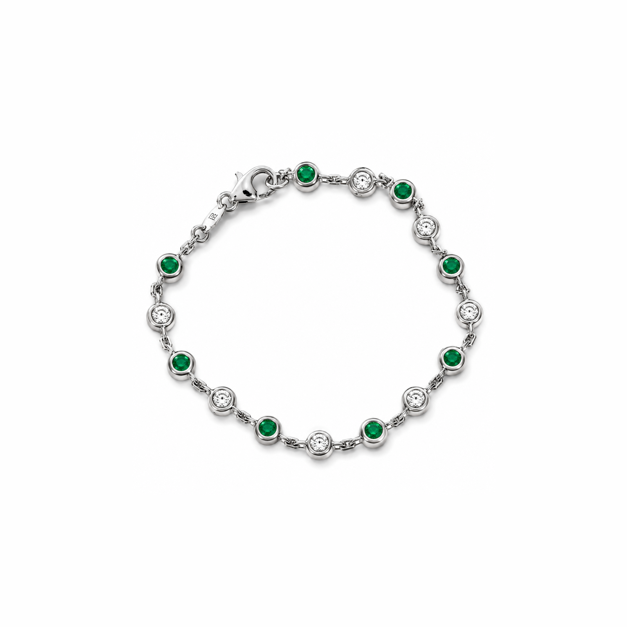 Top view of the DUO Bracelet with nine Colombian round emeralds and eight round diamonds arranged around the 18K gold chain.