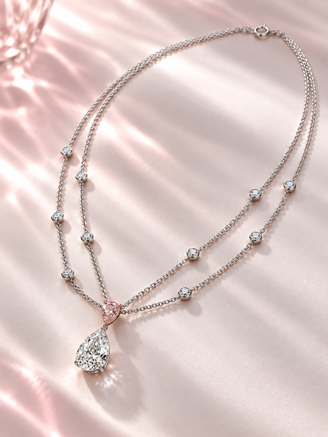 ROSÉA diamond necklace photographed on a soft pink background with layered round diamonds, a pink diamond and pear-shaped diamond pendant.