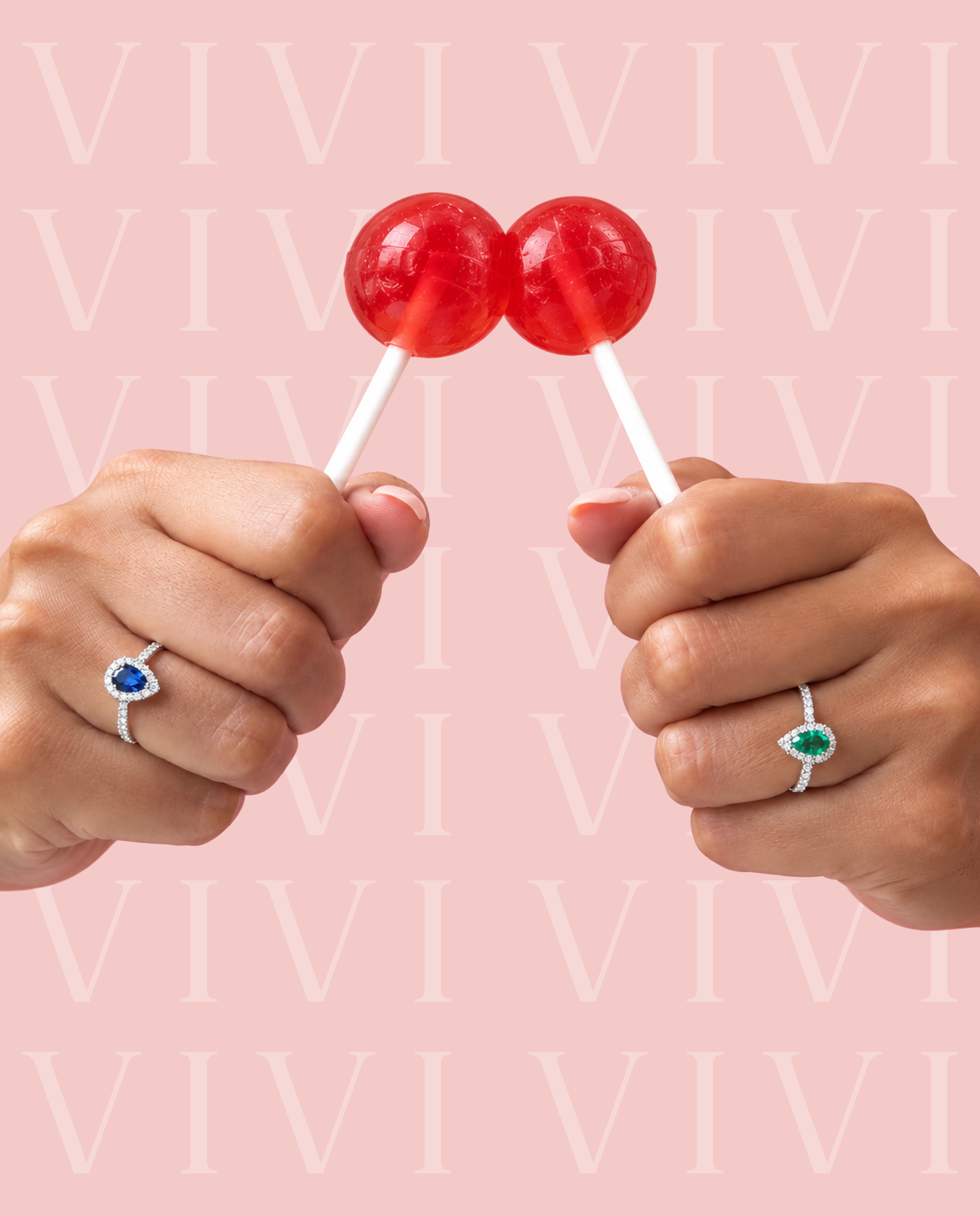 VIVI pear-shaped emerald and blue sapphire rings surrounded by natural round diamonds in a styled pink campaign setting.