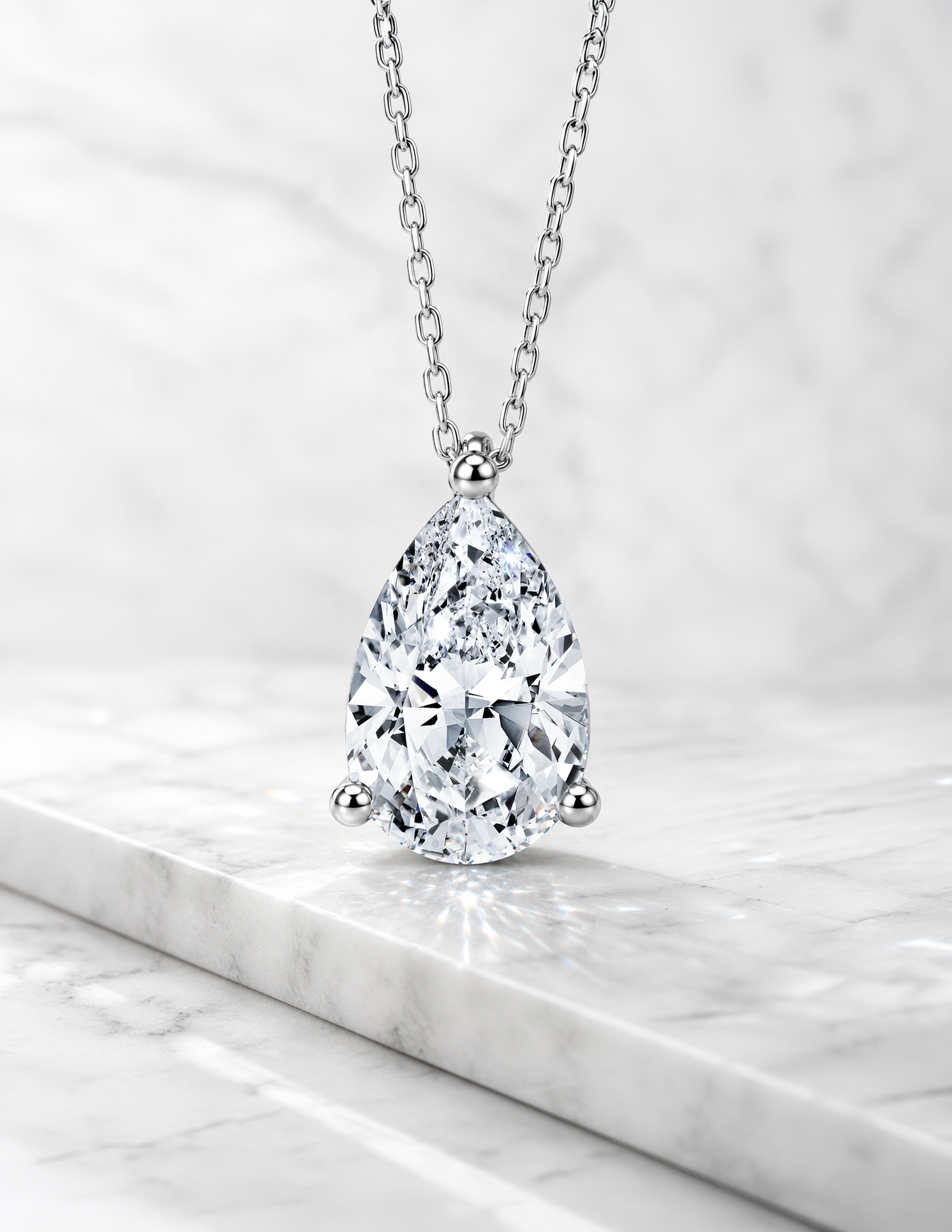 A close-up of a diamond necklace with a large pear-shaped diamond pendant, hanging against a white background.