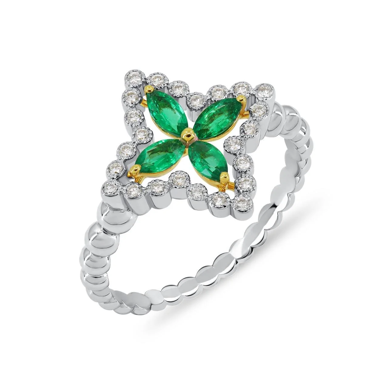 Perspective view of the AIR Marquise Flower Ring showing the Colombian emerald flower center, round diamond frame and open AIR setting.