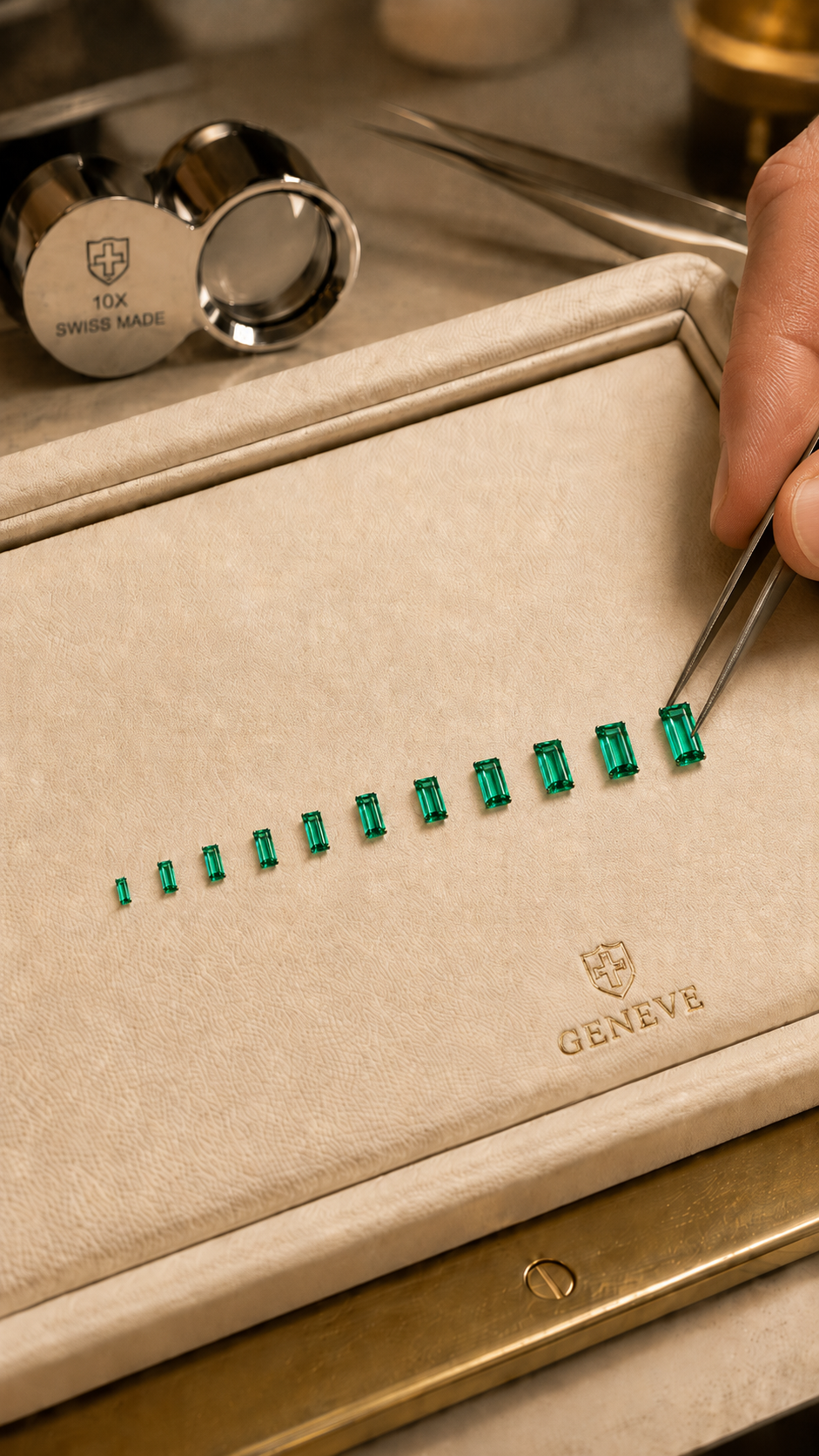 A hand using tweezers to place a small green gemstone on a beige jewelry display case with the word 'Geneve' and a shield logo, with a row of similar gemstones and a tube-shaped magnifier in the background.