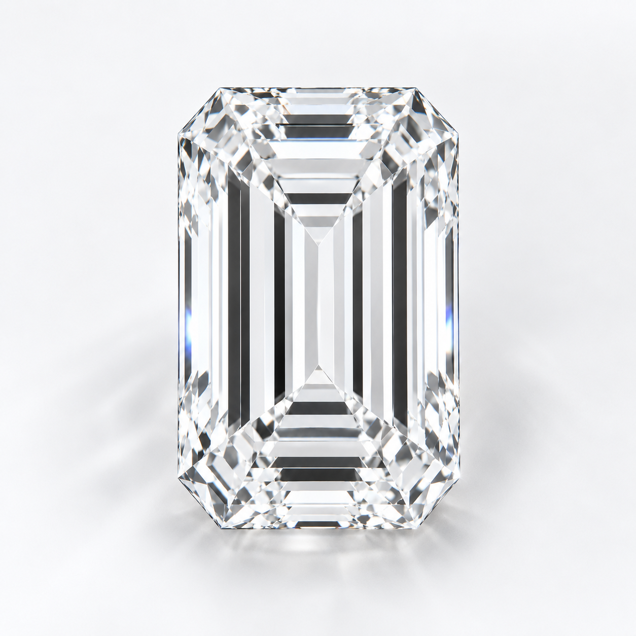 Close-up of a loose emerald-cut diamond with elongated rectangular proportions, step-cut facets and clipped corners, representing a natural D-colour diamond in the AMIRAMIR FOREVER Collection.