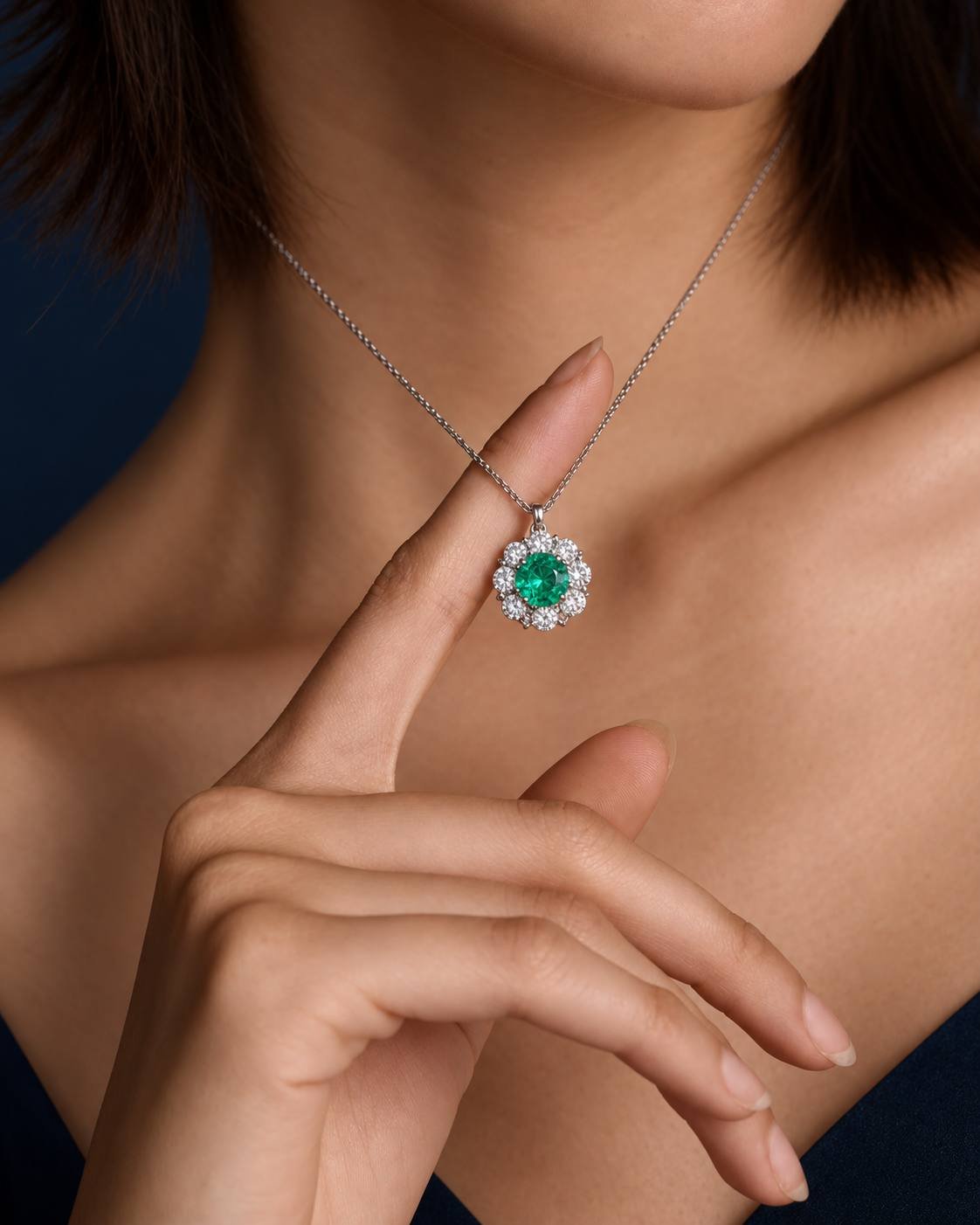 Woman wearing the AMIRAMIR VIVI Round Emerald Pendant on a fine gold chain, showing the Colombian emerald and diamond floral design at the neckline.