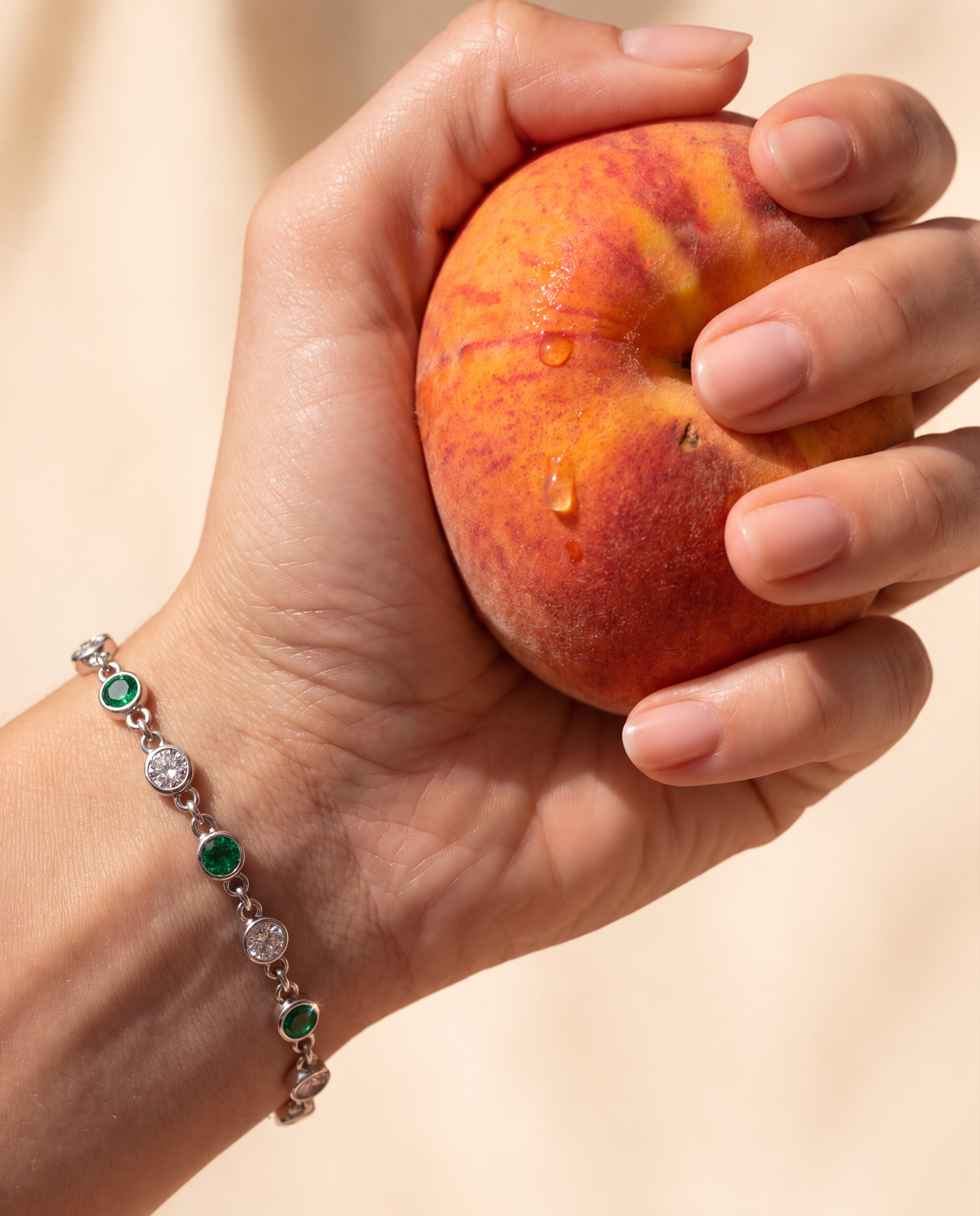 DUO Bracelet with natural Colombian emeralds and round diamonds shown in a close-up jewelry campaign portrait.