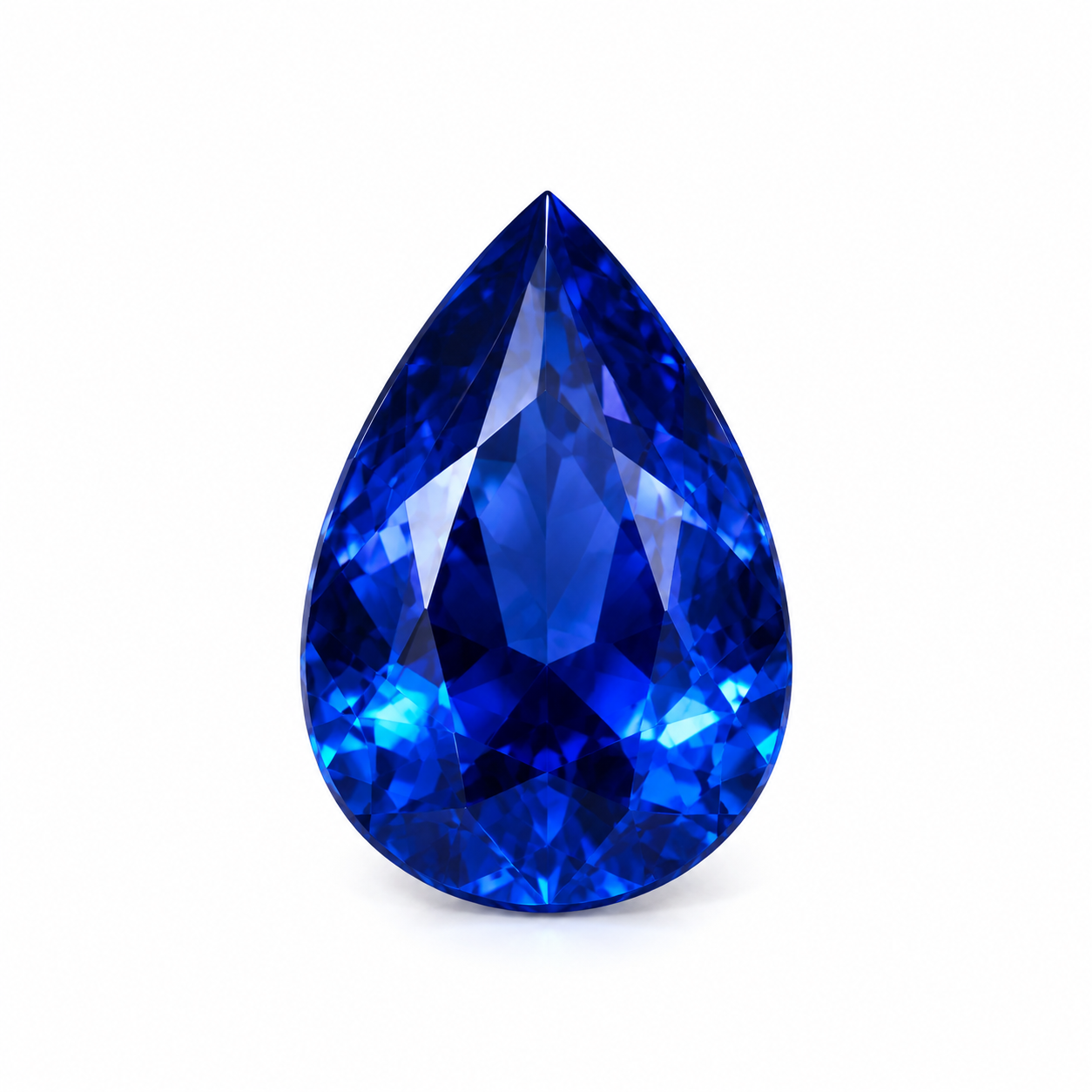 Macro detail of a natural Ceylon pear-shaped blue sapphire, showing its deep blue color, faceting and natural character.