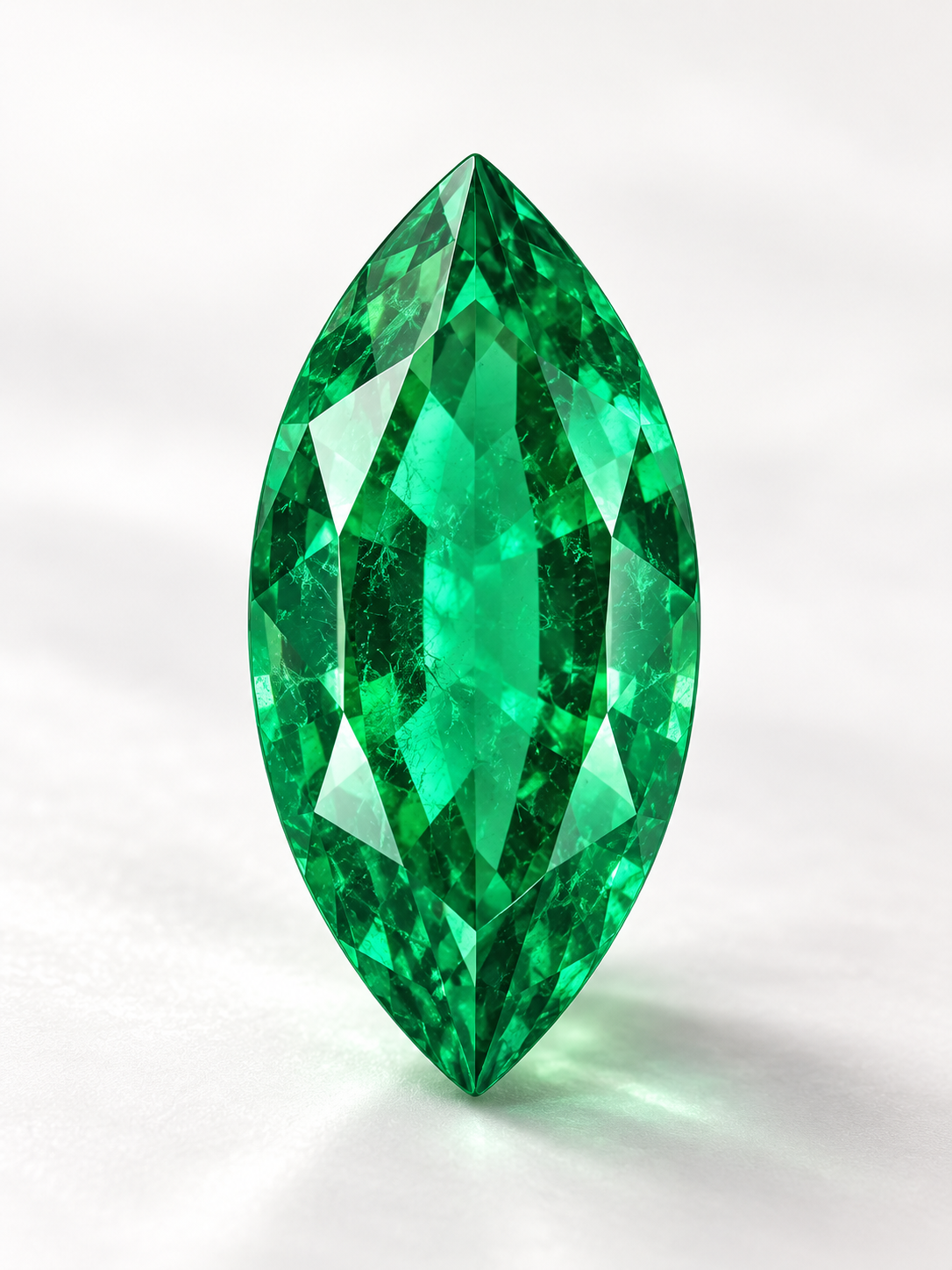 Close-up of a Colombian marquise-cut emerald showing its elongated shape, vivid green color and faceted surface.
