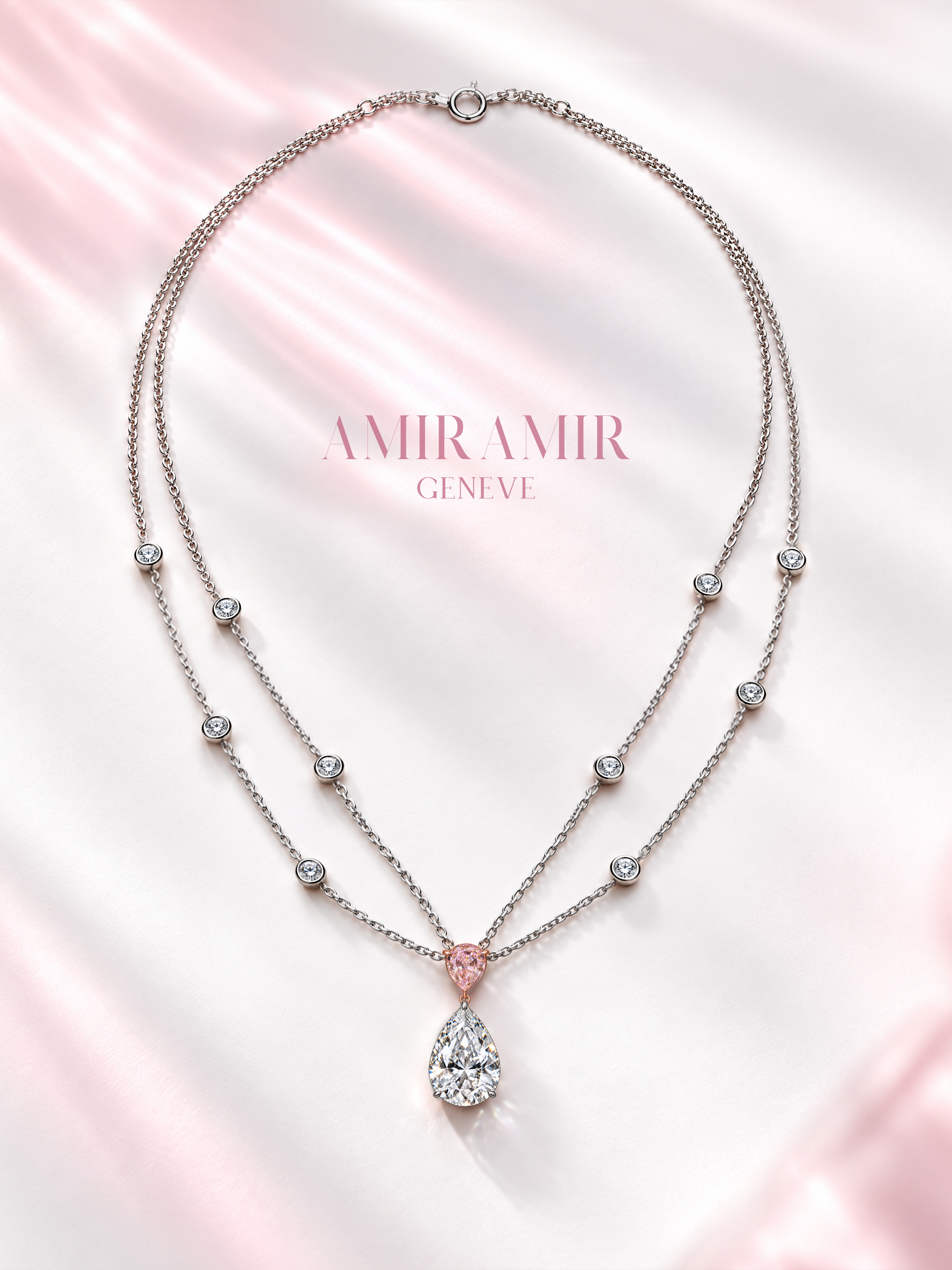 Perspective view of the Roséa necklace with a double chain, bezel-set round diamonds, a pink pear-shaped diamond, and a white pear-shaped diamond pendant.