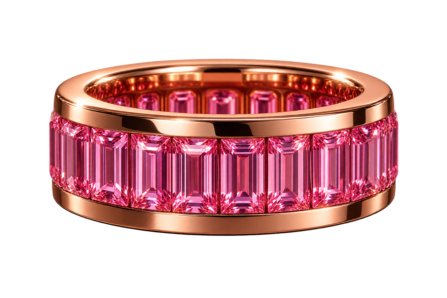 INFINÉ Pink Sapphire Ring in 18K rose gold with natural baguette-cut pink sapphires channel-set around the band.