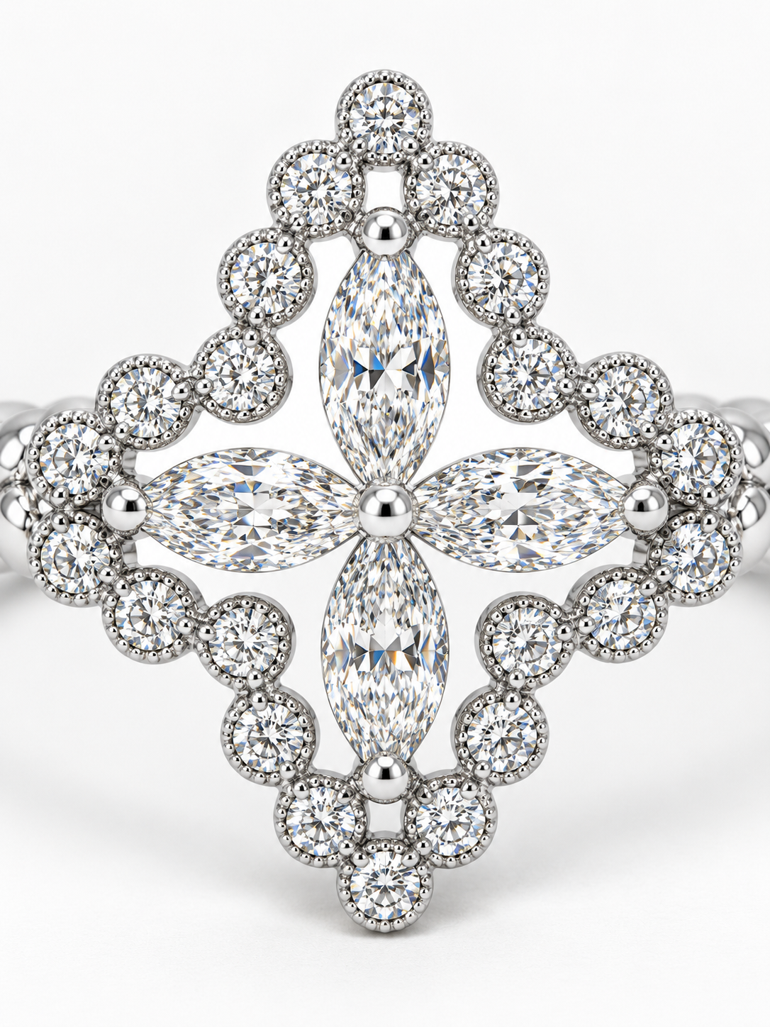 AIR Marquise Flower Ring in 18K white gold with four marquise diamonds and a round diamond frame.