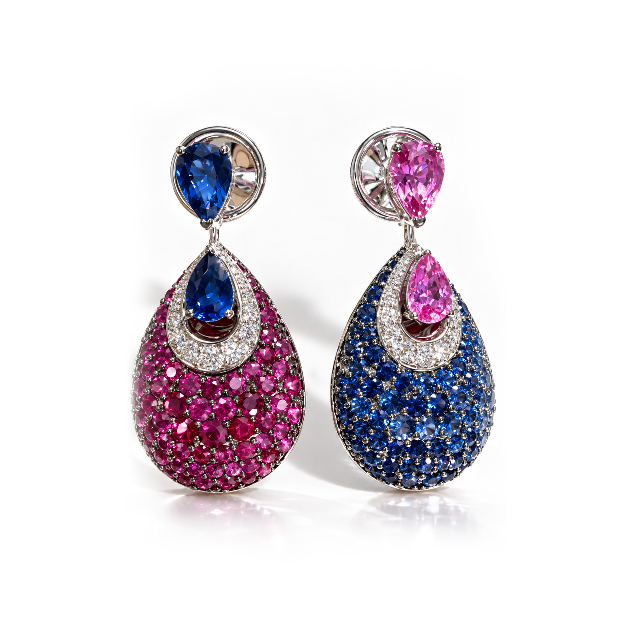 Pair of AMIRAMIR Contraste Earrings in 18K gold, featuring reversed natural pink and blue sapphire compositions with round diamonds
