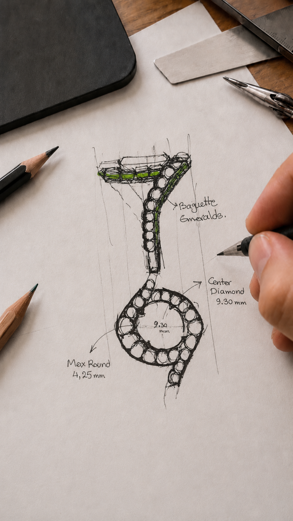 Sketch of a jewelry design featuring a circular diamond centerpiece with the dimensions of 9.30 mm, surrounded by emerald baguettes, and a curved band with round diamonds measuring 4.25 mm Max. There are notes indicating types of gemstones and measurements.