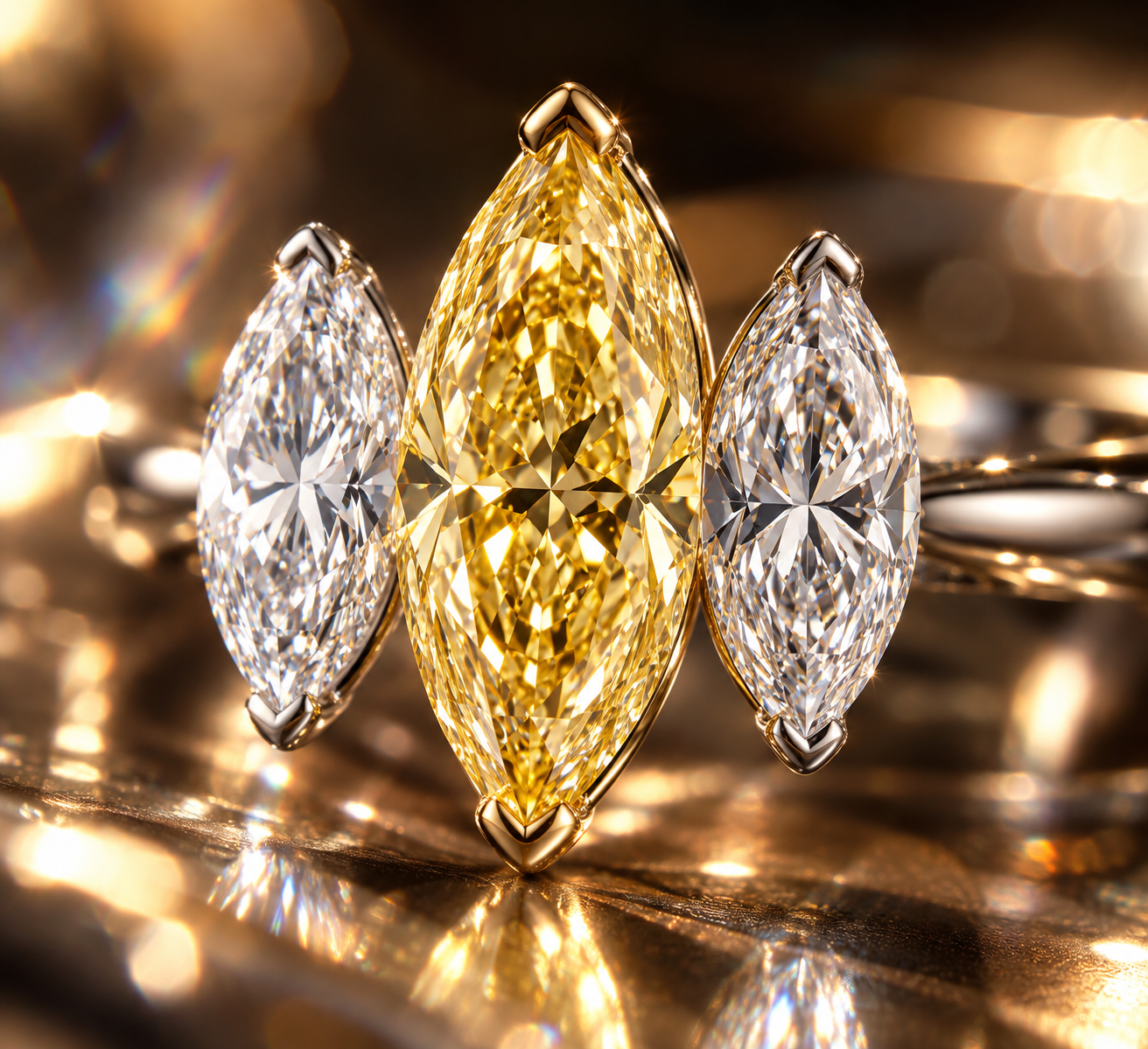 Macro detail of a natural Fancy Yellow marquise-cut diamond showing its elongated silhouette, yellow color and faceting.