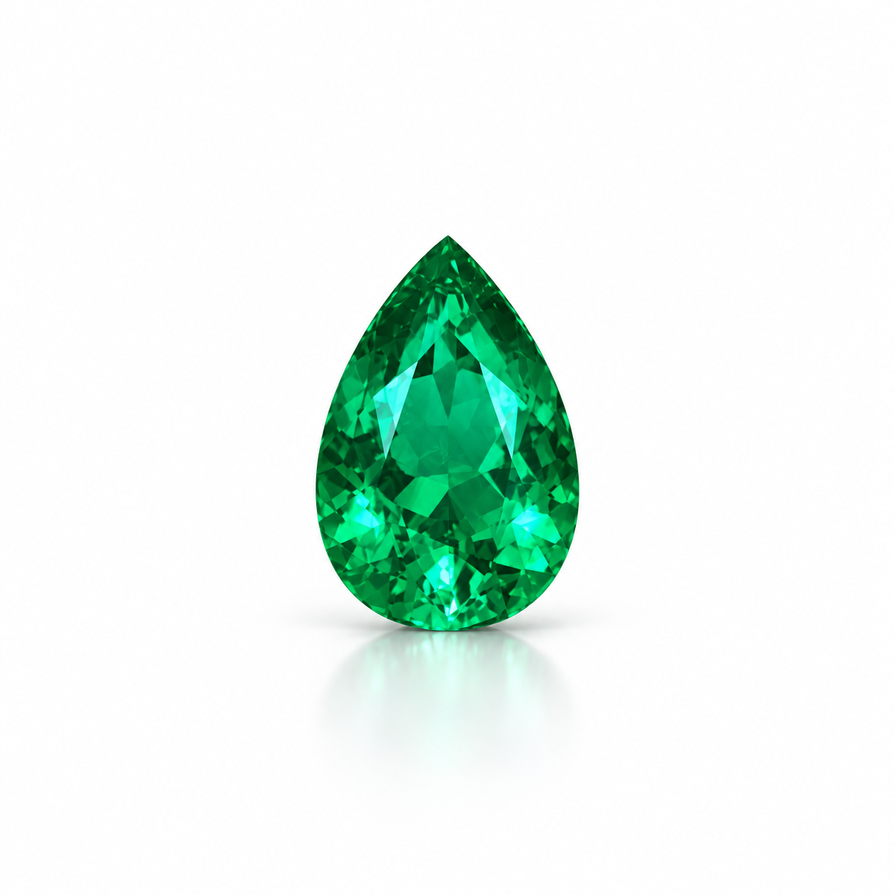 Macro detail of a natural Colombian pear-shaped emerald, showing its vivid green color, faceting and natural character.