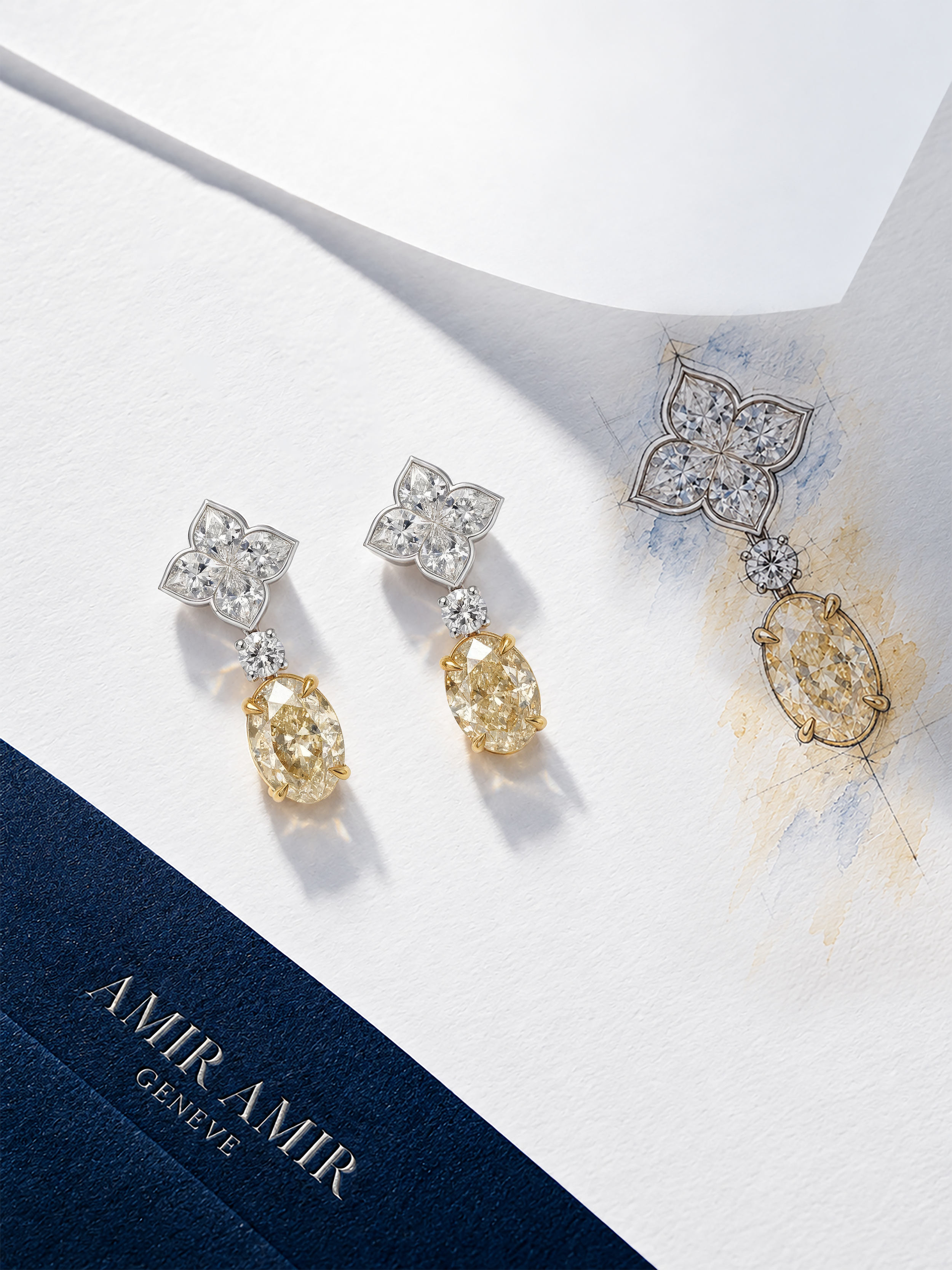 LILY Drop Earrings with white-diamond floral tops and oval yellow diamonds in 18K white and yellow gold.