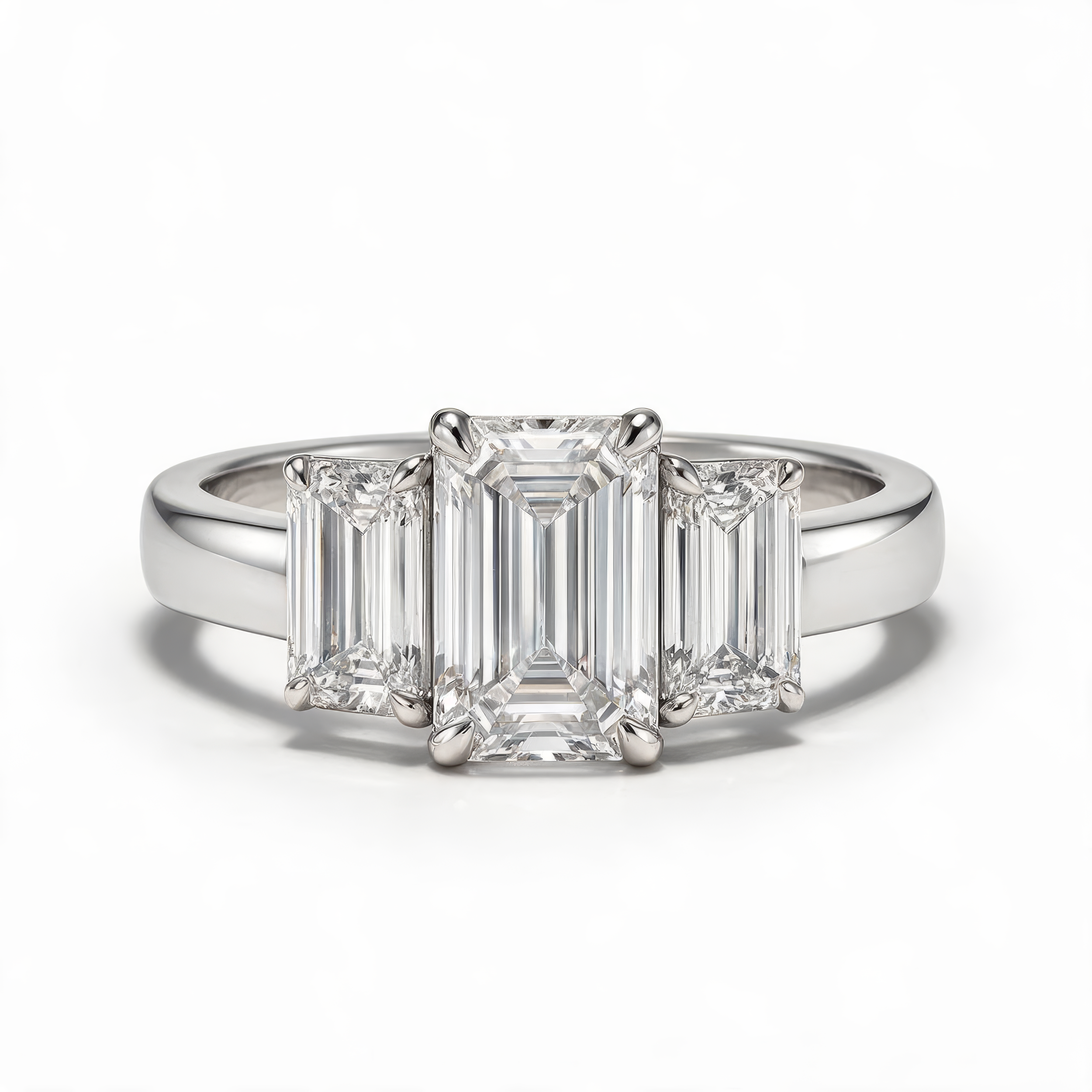 Front view of the AMIRAMIR FOREVER three-stone engagement ring, featuring a 1.35 ct natural D-colour emerald-cut centre diamond and two emerald-cut side diamonds.