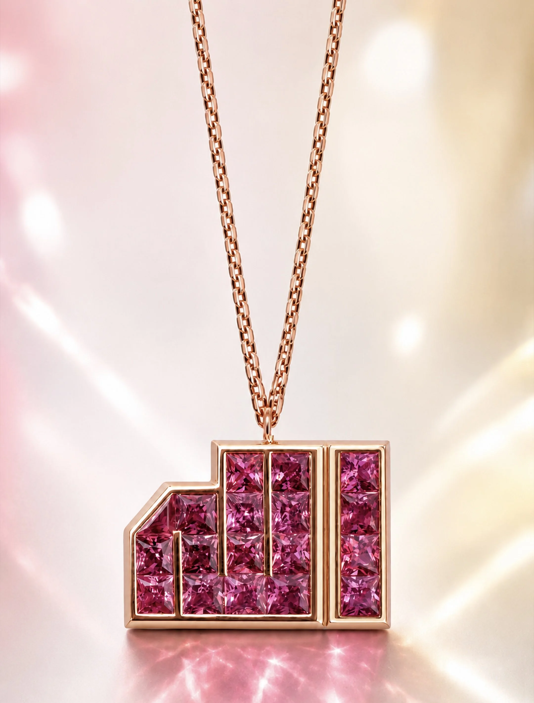 ALLAH Pink Sapphire Pendant in 18K rose gold, set with 18 pink sapphires in a geometric calligraphy design.