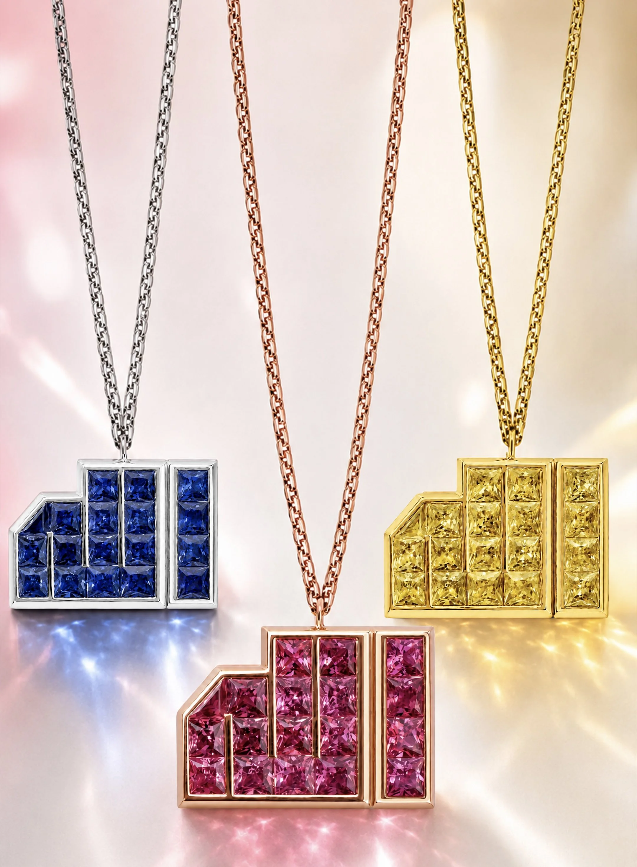 ALLAH Pink Sapphire Pendant in rose gold shown with blue and yellow gemstone variants from the ALLAH Collection.
