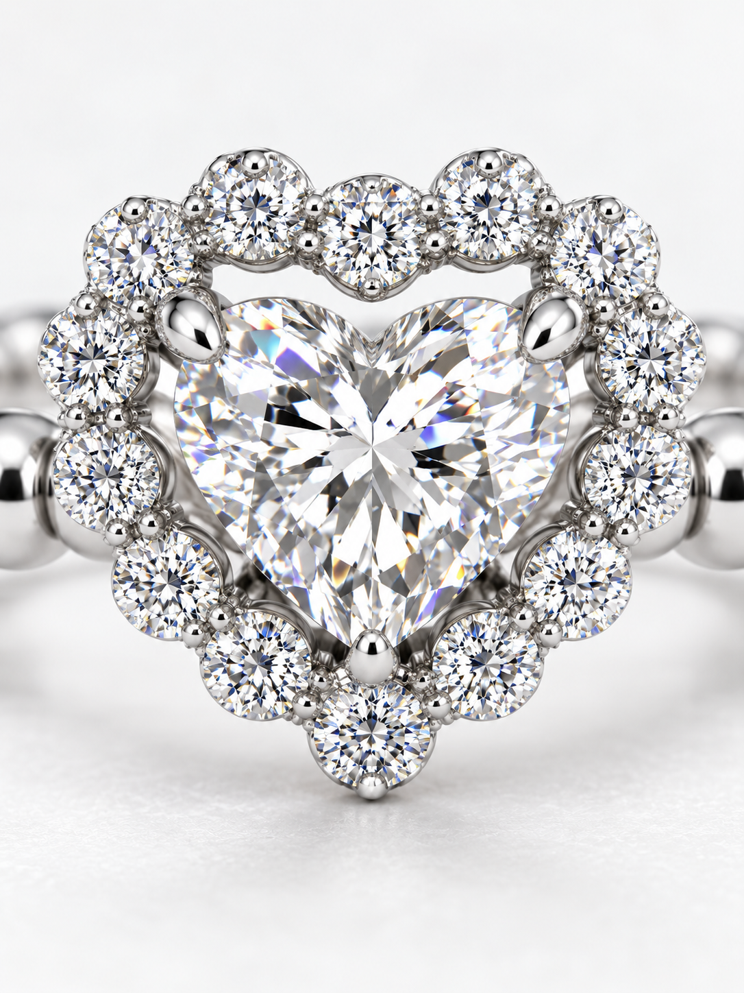 AIR Heart Diamond Ring macro view showing a natural heart-shaped center diamond surrounded by round diamonds with deliberate open space.