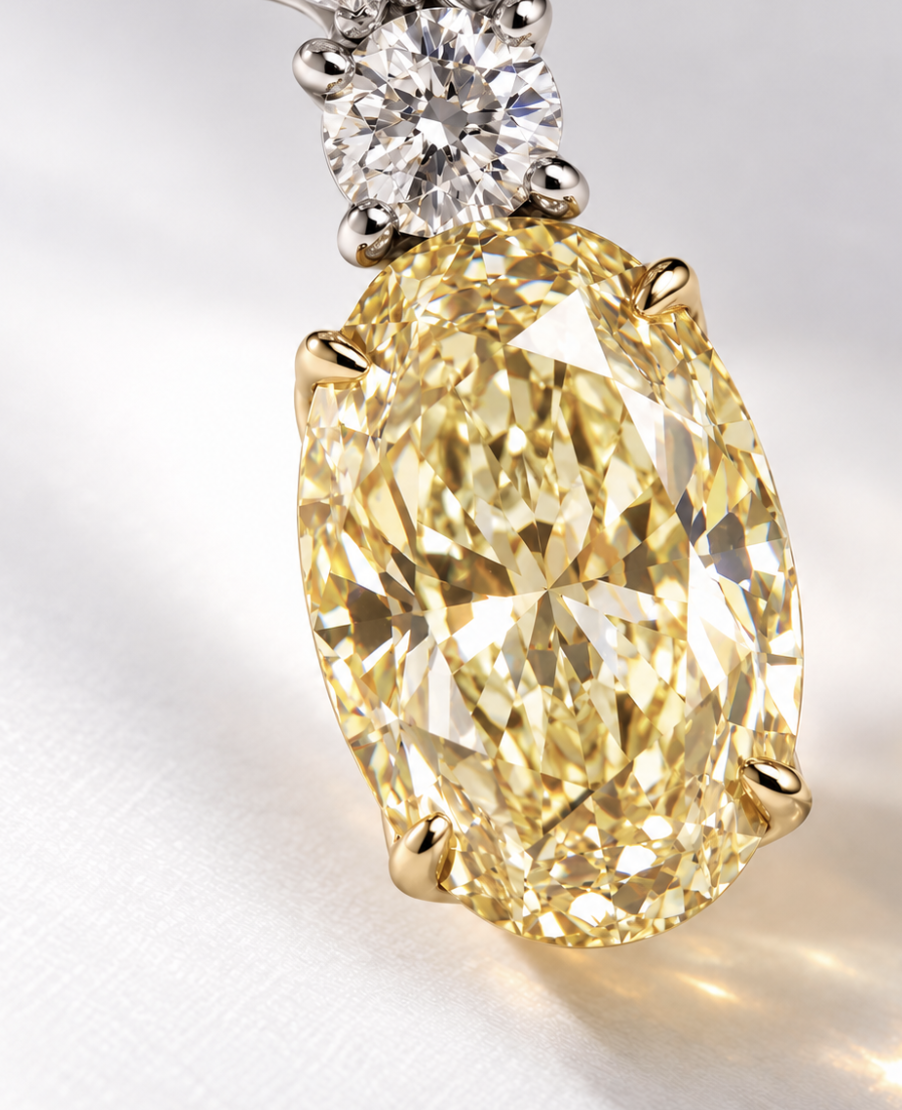 Macro view of a natural Fancy Light Yellow oval-cut diamond, highlighting its yellow colour and faceted surface.