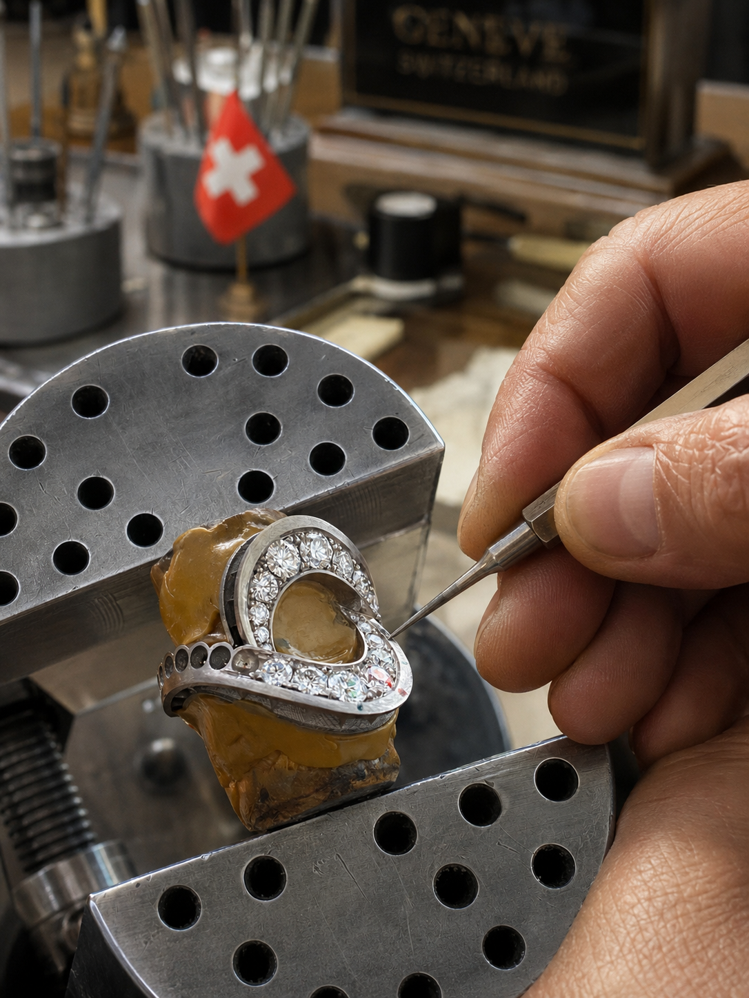 A jewelry craftsman working on a heart-shaped ring with crystals, using a small precision tool in a workshop with various tools and a Swiss flag in the background.