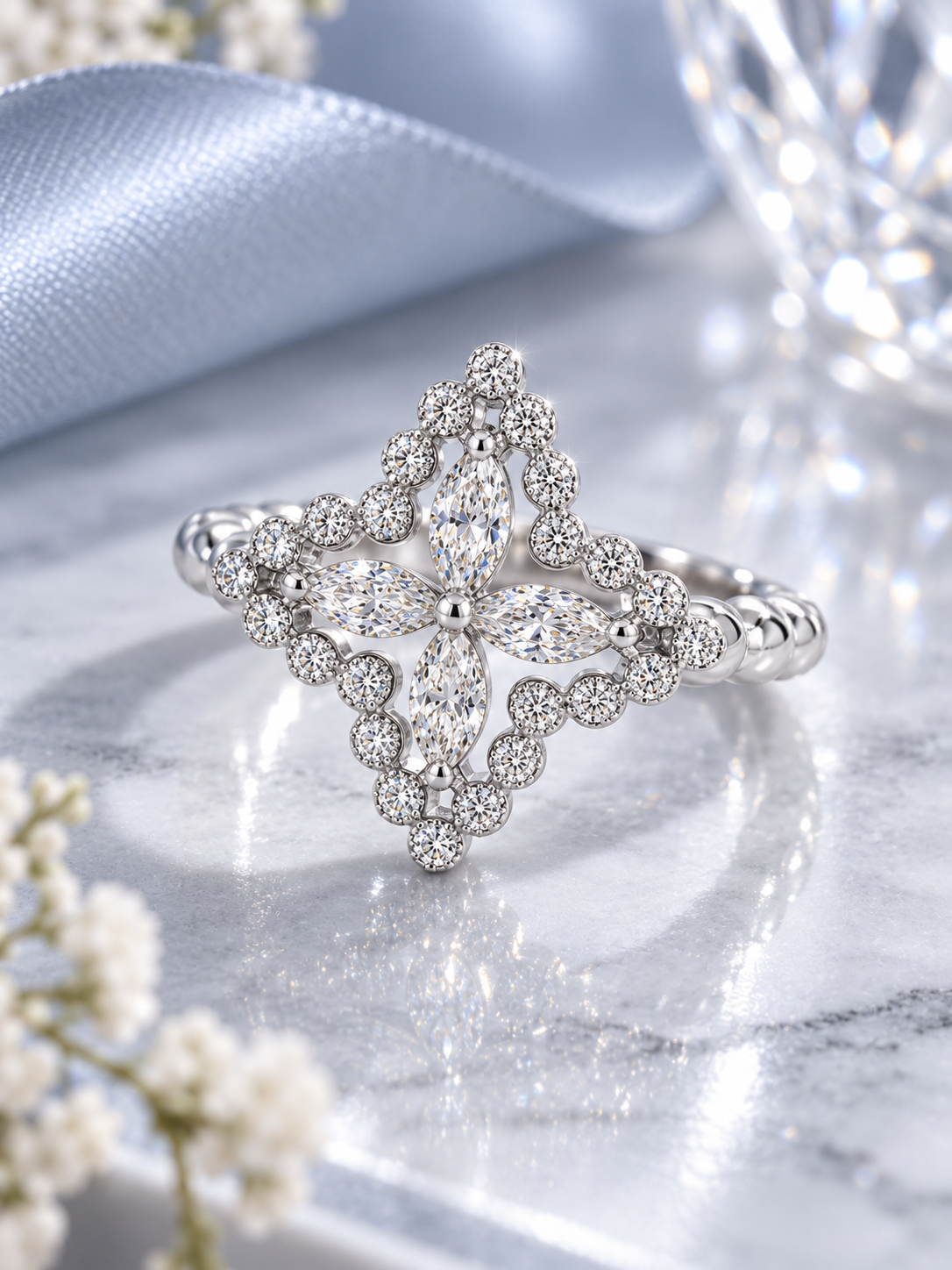 Side view of the AIR Marquise Flower Ring in 18K white gold