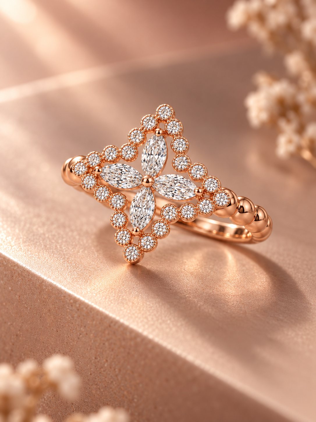 Perspective view of the AIR Marquise Flower Ring in 18K rose gold, showing the four-petal marquise diamond center and open diamond setting.