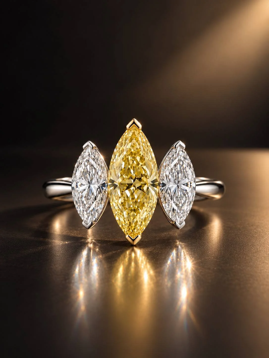 SUNÉ Marquise three-stone ring with a natural Fancy Yellow marquise center diamond framed by two natural white marquise diamonds under warm studio light.