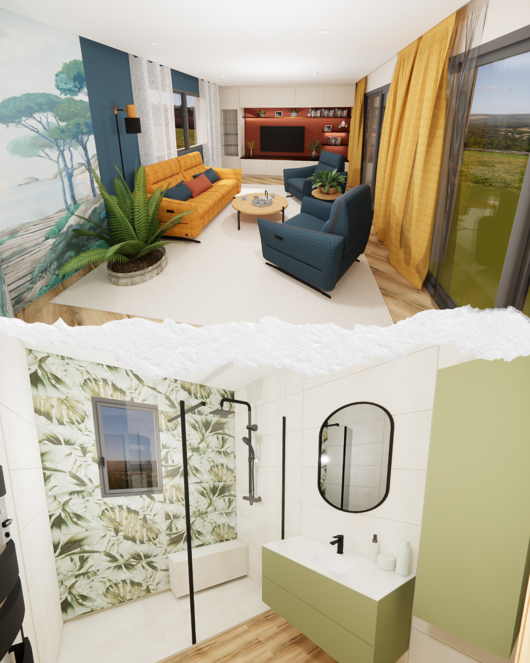 aperçu 3D photo réaliste d'un salon et d'une salle de bain