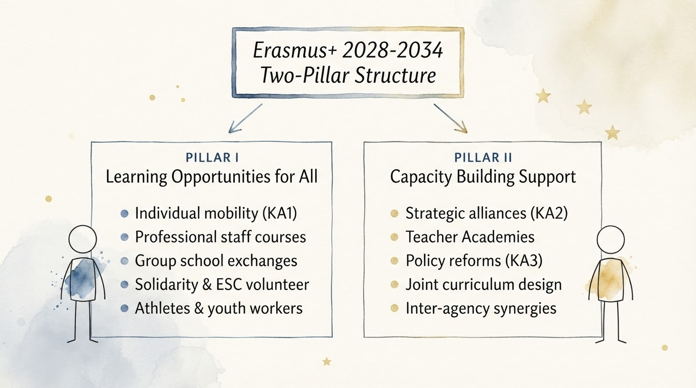 "Minimalist watercolor diagram showing the Erasmus+ 2028-2034 two-pillar structure, with Pillar I focused on Learning Opportunities for All and Pillar II focused on Capacity Building Support, connected by arrows from a header box."
