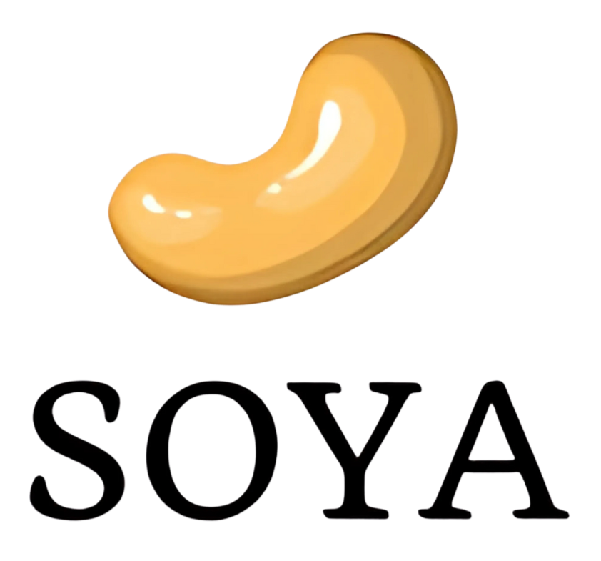 Illustration of a cashew nut above the word 'SOYA'.