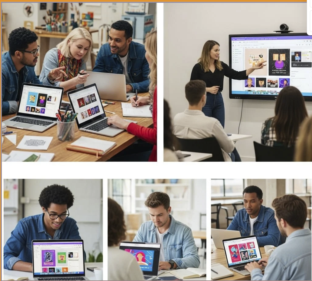 Educators designing lesson materials and visual content with Canva and AI tools during an Erasmus+ digital skills course.
