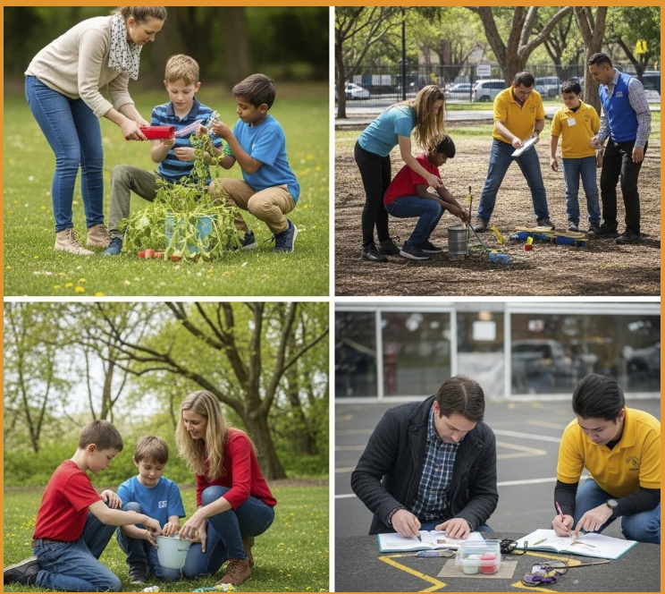 Educators leading outdoor learning activities with students in a natural environment as part of an Erasmus+ teacher training course.