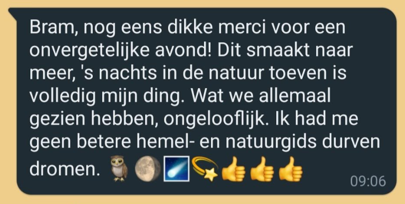 A WhatsApp message after a memorable evening activity, expressing gratitude and appreciation, with emojis of an owl, moon, star, shooting star, and three thumbs-up icons.