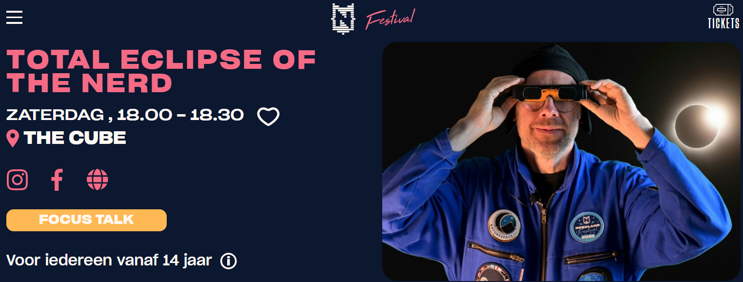 Poster for Nerdland Festival, the biggest science festival in Belgium. It features a NatureSpace astro guide, looking at a solar eclipse with eclipse glasses. NatureSpace's focus talk is scheduled for Saturday May 23, 2026 -- at 6:00 PM at The Cube.