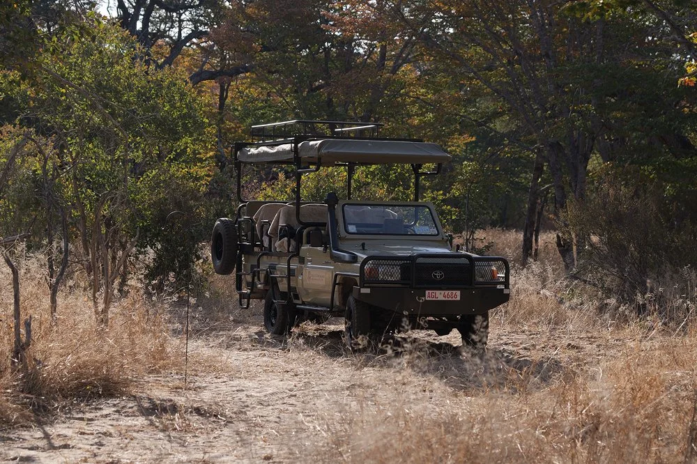 A Great Guide Safari safari vehicle driving along a dirt path, surrounded by trees and dry grass in Hwange National Park, Zimbabwe.