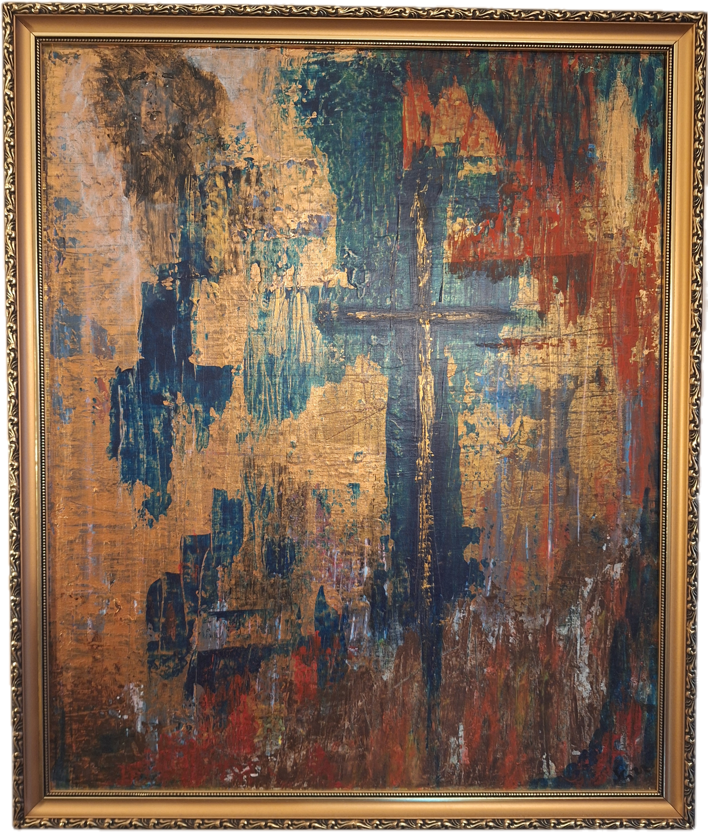 An abstract painting featuring a large cross with a reflective surface, surrounded by vibrant colors including blue, red, green, and orange, framed in an ornate gold frame.