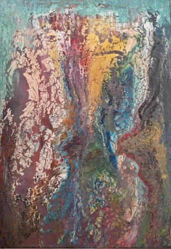 Abstract painting with multicolored textures and splashes of pink, yellow, blue, green, and black.