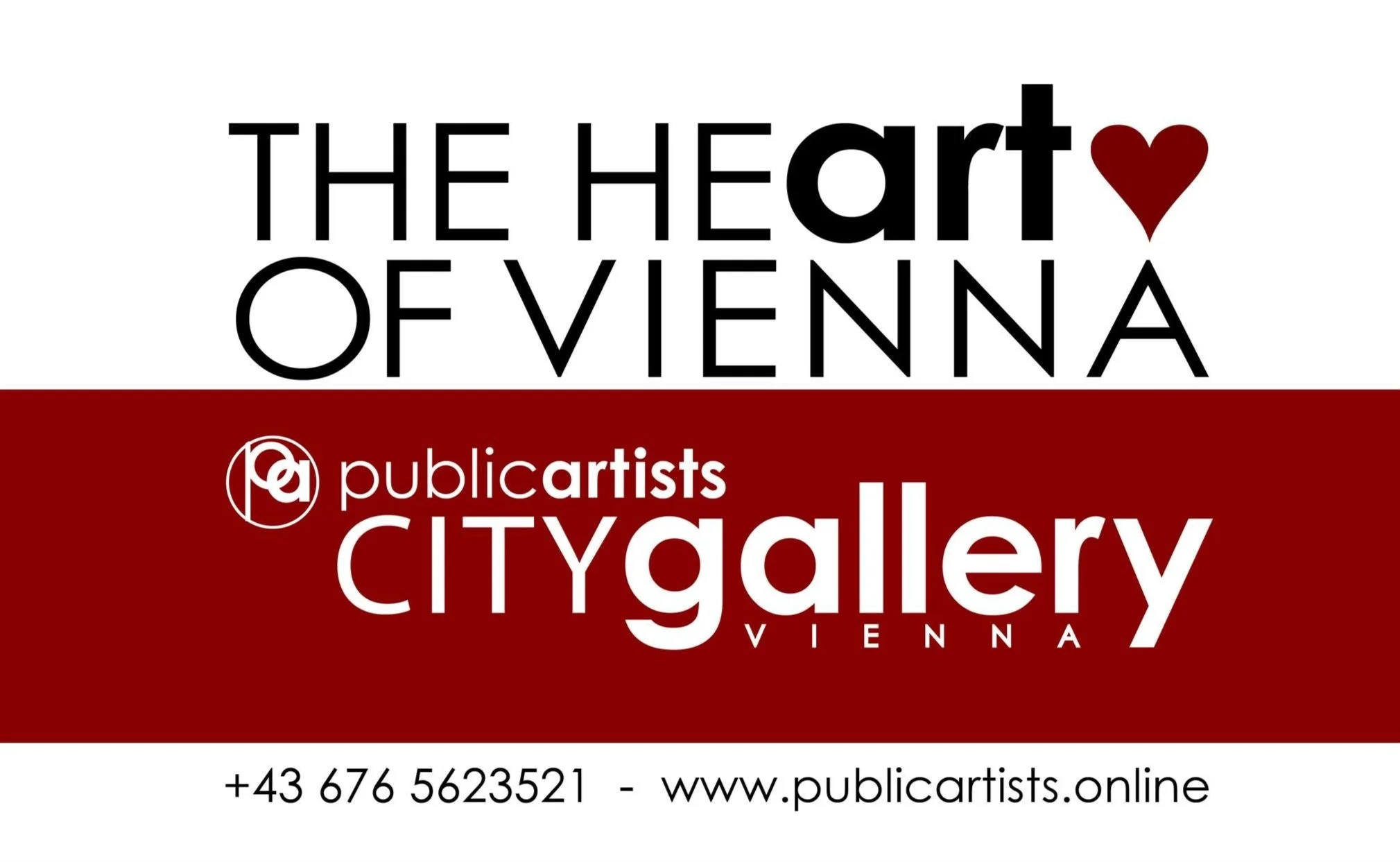 Poster for the Heart of Vienna art gallery exhibition featuring public artists, with a red background and white text, plus a phone number and website at the bottom.