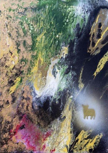 Abstract art featuring black, gold, green, pink, and white colors with swirling and textured patterns.