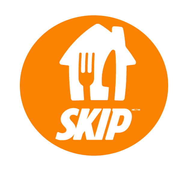 Orange circle with a white house and cutlery logo above the word 'SKIP' in bold letters.