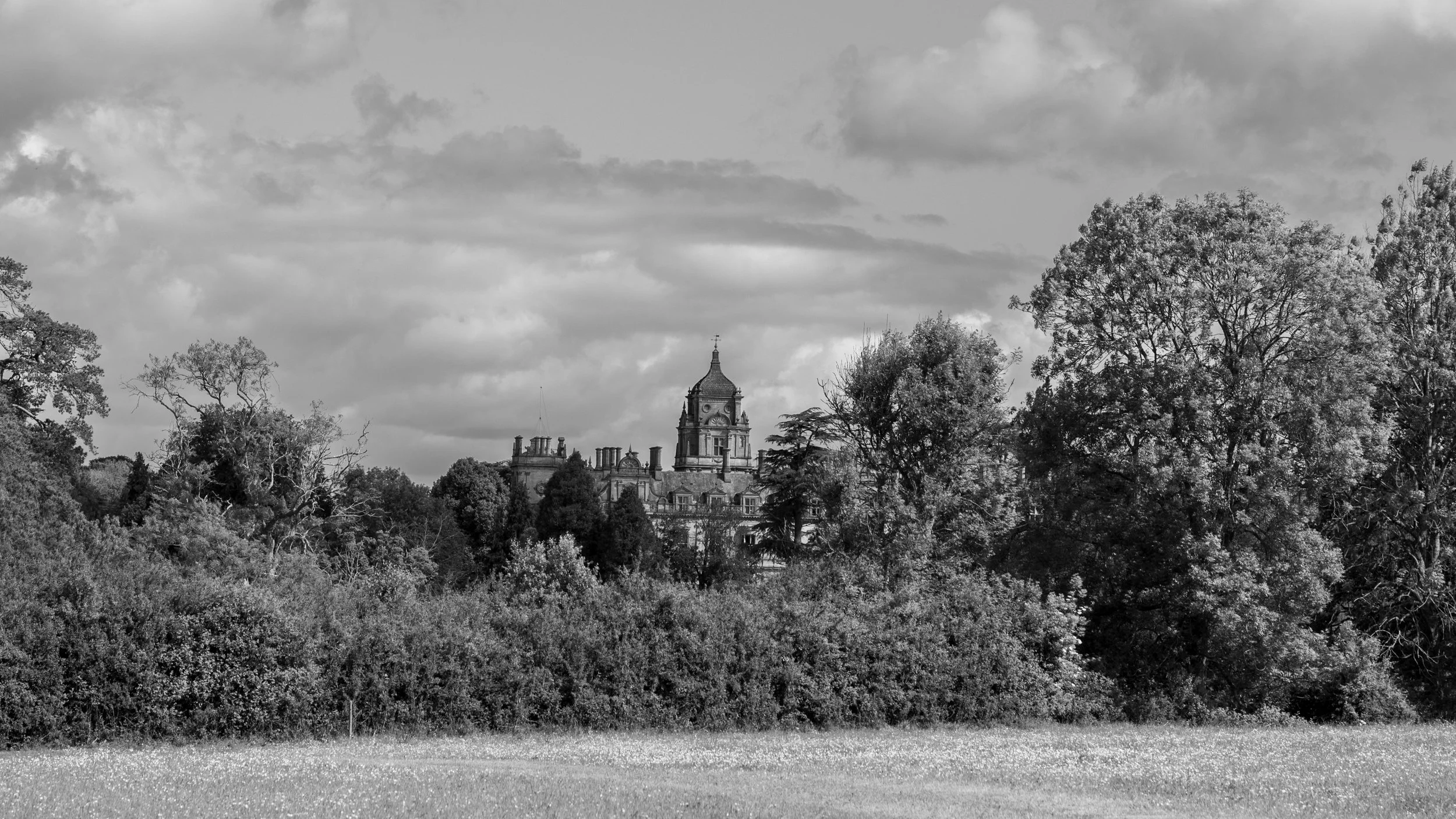 A historic building with a clock tower rising above dense trees in a natural setting, under a partly cloudy sky.